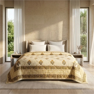 Light Grey & Charcoal Floral Jaipur Indian Hand Block Print Quilted Comforter