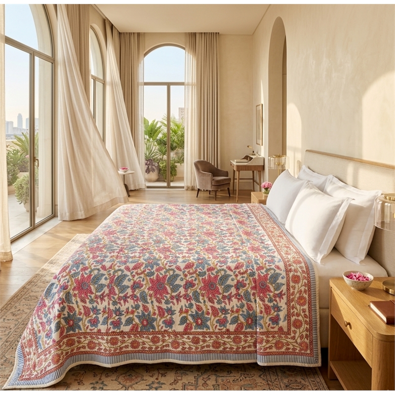 Cream & Rose Dusty Blue Floral Jaipur Indian Hand Block Print Quilted Comforter