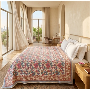 Cream & Rose Dusty Blue Floral Jaipur Indian Hand Block Print Quilted Comforter