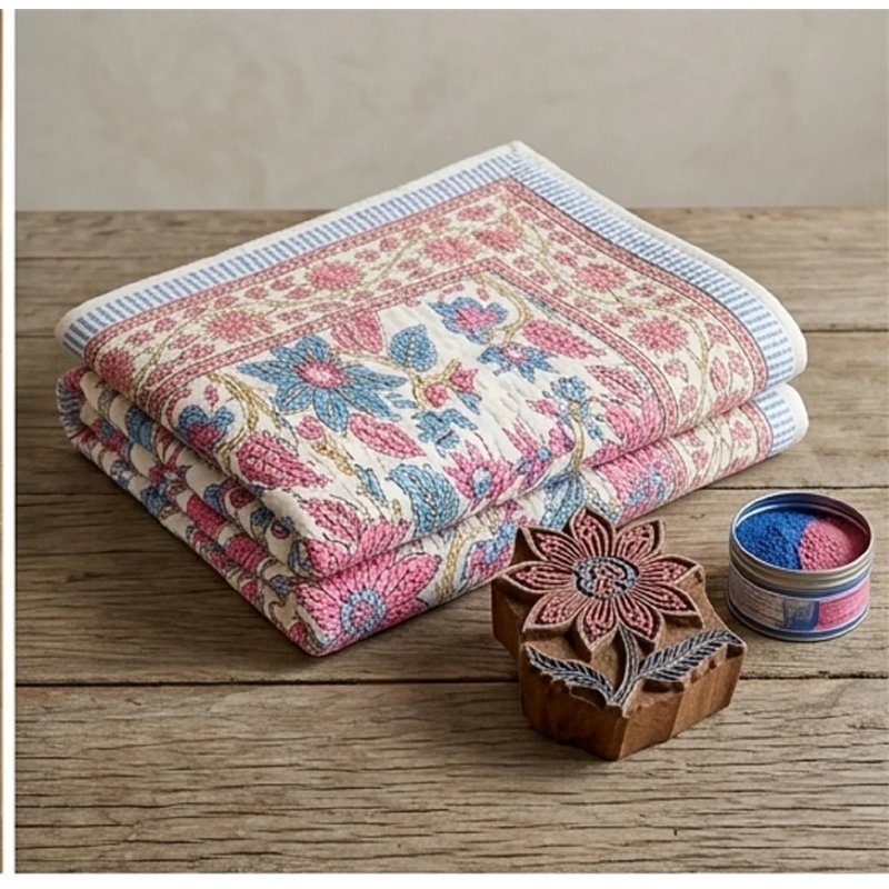 Cream & Rose Dusty Blue Floral Jaipur Indian Hand Block Print Quilted Comforter