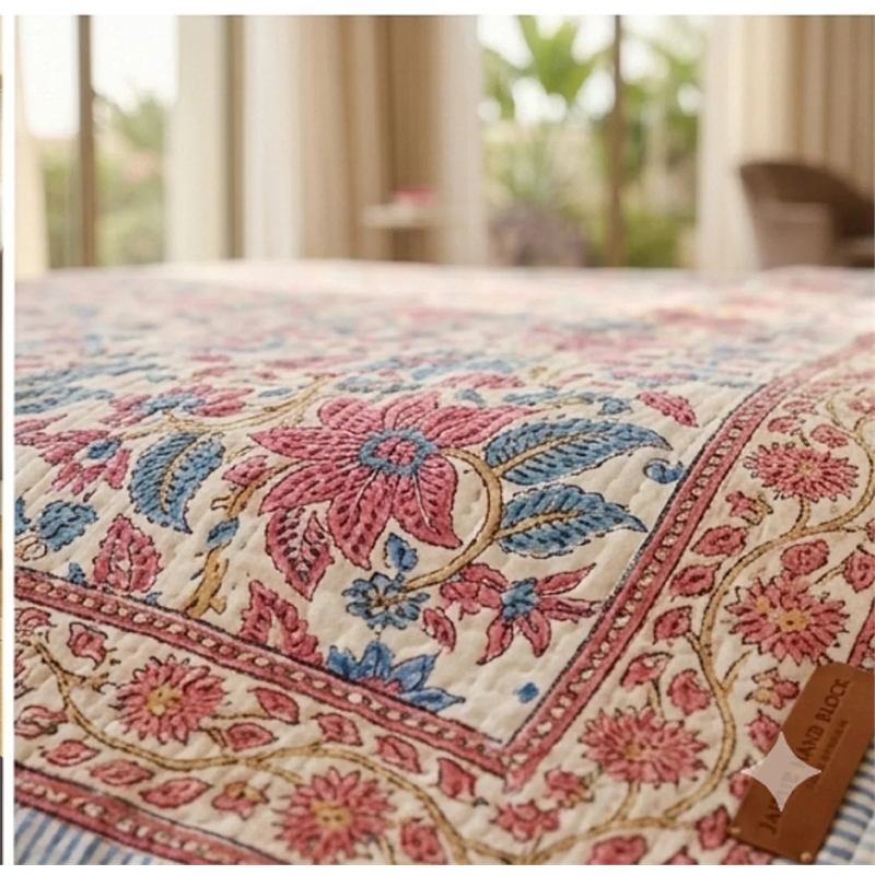 Cream & Rose Dusty Blue Floral Jaipur Indian Hand Block Print Quilted Comforter