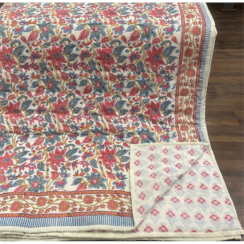 Cream & Rose Dusty Blue Floral Jaipur Indian Hand Block Print Quilted Comforter