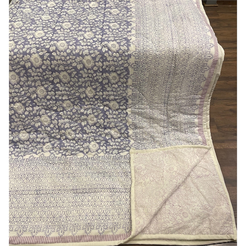 Cream & Sage Green Floral Jaipur Indian Hand Block Print Quilted Comforter