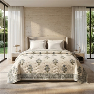 Cream & Dusty Blue Green Floral Jaipur Indian Hand Block Print Quilted Comforter