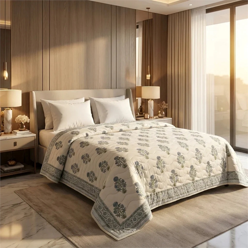 Cream & Dusty Blue Green Floral Jaipur Indian Hand Block Print Quilted Comforter