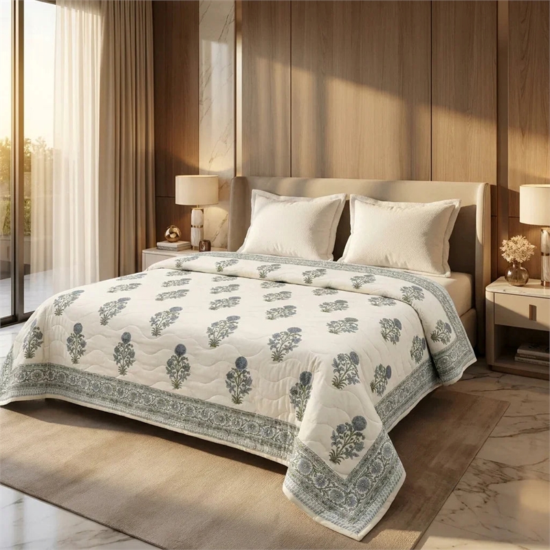 Cream & Dusty Blue Green Floral Jaipur Indian Hand Block Print Quilted Comforter