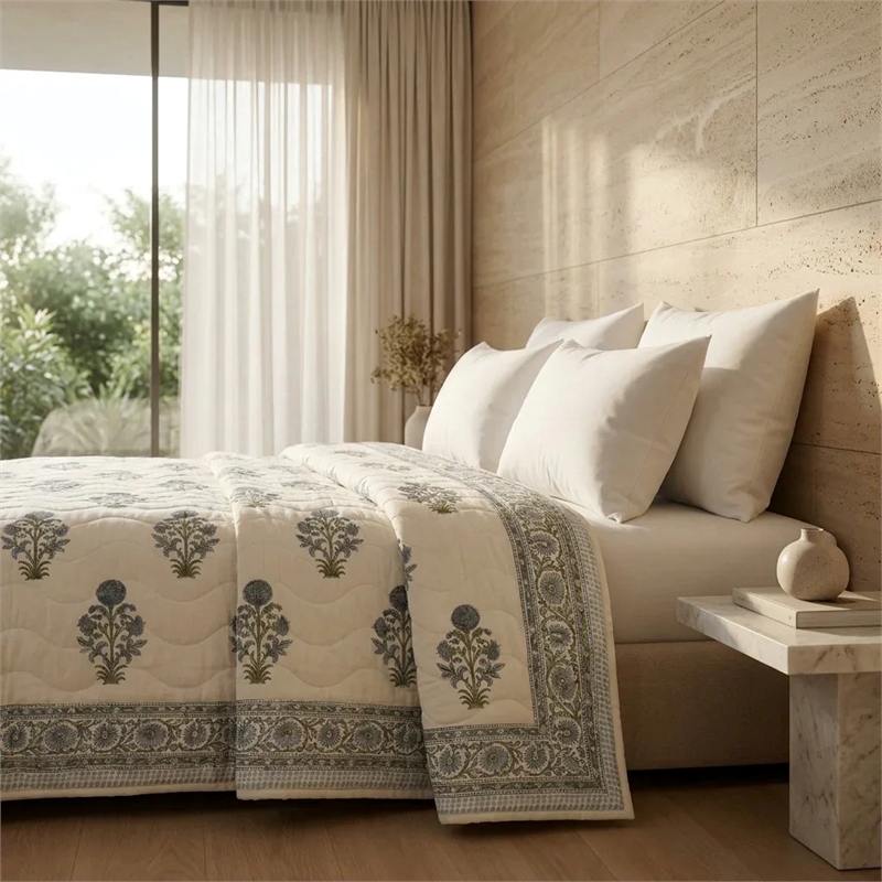Cream & Dusty Blue Green Floral Jaipur Indian Hand Block Print Quilted Comforter