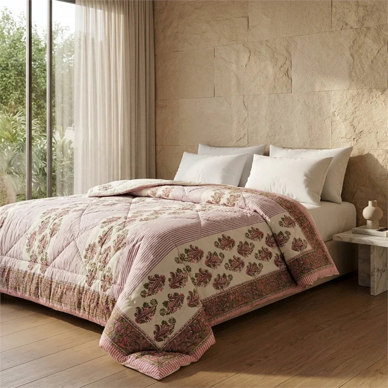 Cream & Deep Pink Olive Floral Jaipur Indian Hand Block Print Quilted Comforter