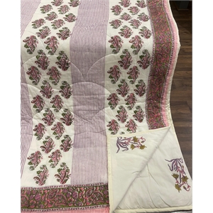Cream & Deep Pink Olive Floral Jaipur Indian Hand Block Print Quilted Comforter