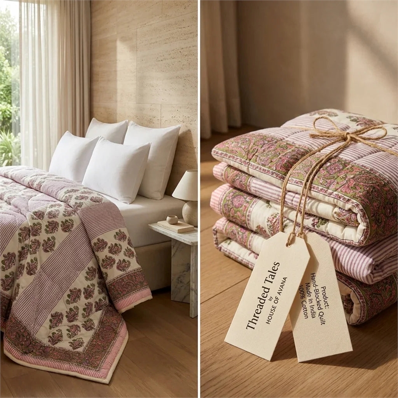 Cream & Deep Pink Olive Floral Jaipur Indian Hand Block Print Quilted Comforter