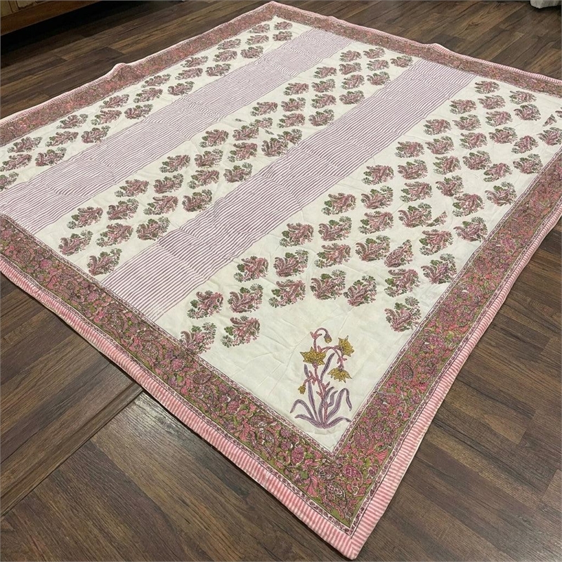 Cream & Deep Pink Olive Floral Jaipur Indian Hand Block Print Quilted Comforter