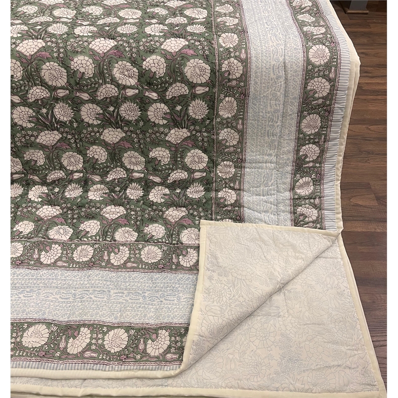 Cream & Golden Rust Floral Jaipur Indian Hand Block Print Quilted Comforter
