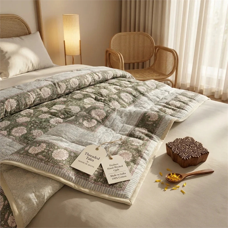 Cream & Golden Rust Floral Jaipur Indian Hand Block Print Quilted Comforter
