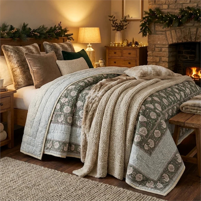 Cream & Golden Rust Floral Jaipur Indian Hand Block Print Quilted Comforter