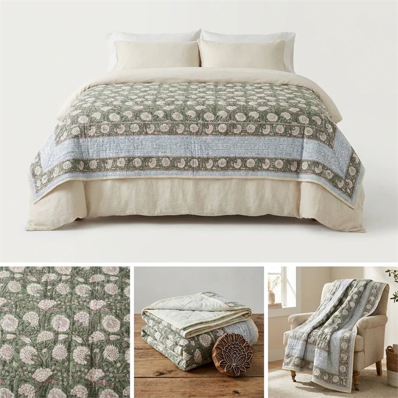 Cream & Golden Rust Floral Jaipur Indian Hand Block Print Quilted Comforter