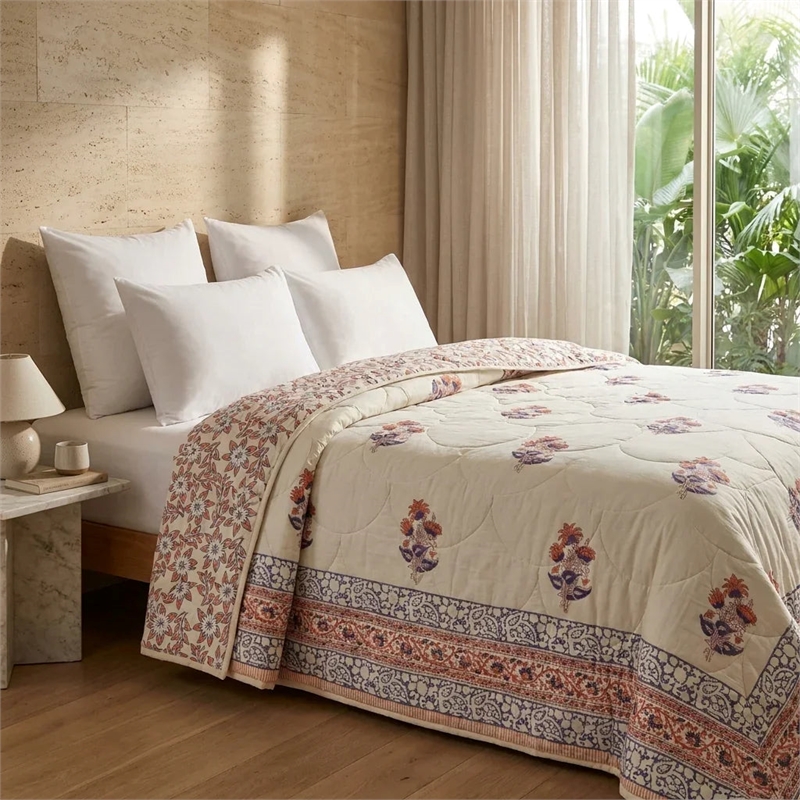 Lavender Grey & Cream Floral Jaipur Indian Hand Block Print Quilted Comforter