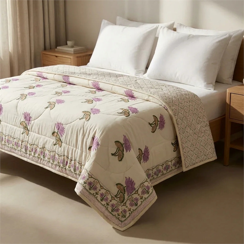 Cream & Mauve Olive Floral Jaipur Indian Hand Block Print Quilted Comforter