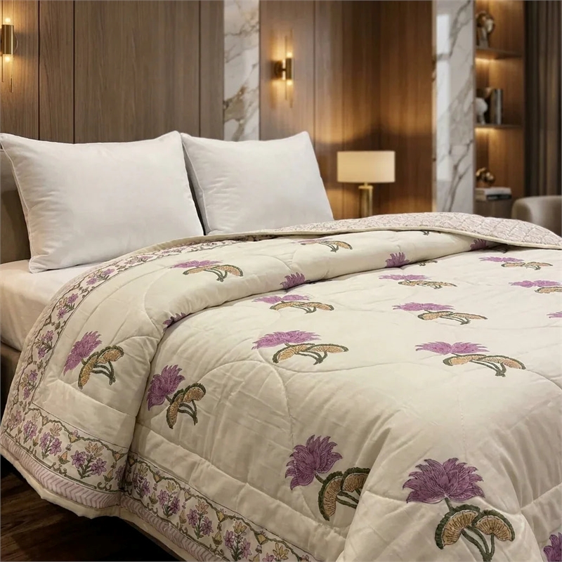 Cream & Mauve Olive Floral Jaipur Indian Hand Block Print Quilted Comforter