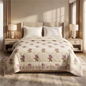 Cream & Mauve Olive Floral Jaipur Indian Hand Block Print Quilted Comforter
