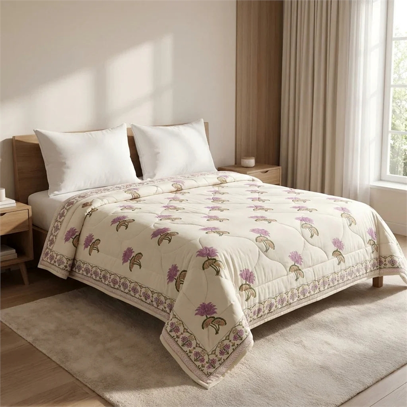 Cream & Mauve Olive Floral Jaipur Indian Hand Block Print Quilted Comforter