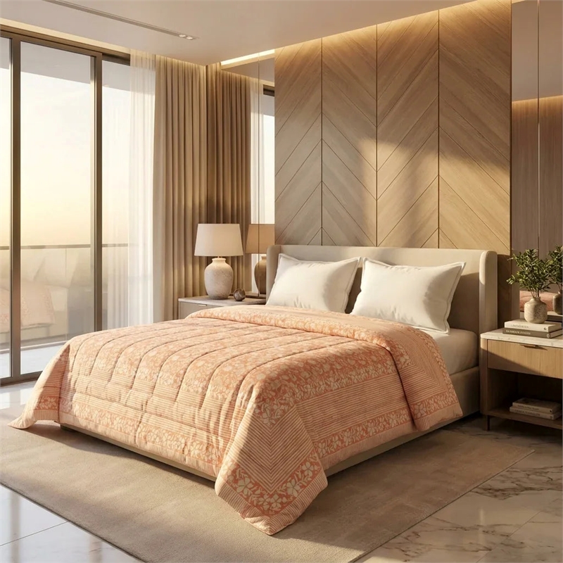 Peach & Cream Floral Jaipur Indian Hand Block Print Quilted Comforter