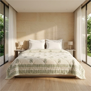Sage Green & Cream Mauve Floral Jaipur Indian Hand Block Print Quilted Comforter