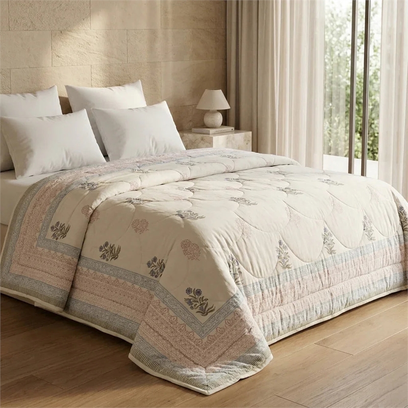 Cream & Burgundy Grey Floral Jaipur Indian Hand Block Print Quilted Comforter