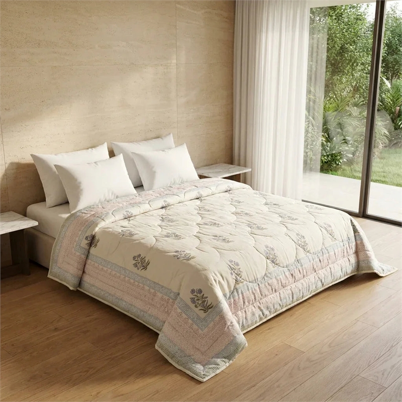 Cream & Burgundy Grey Floral Jaipur Indian Hand Block Print Quilted Comforter