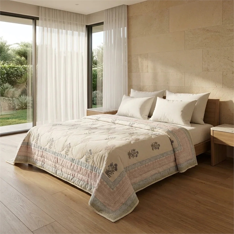 Cream & Burgundy Grey Floral Jaipur Indian Hand Block Print Quilted Comforter