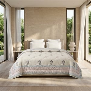 Cream & Burgundy Grey Floral Jaipur Indian Hand Block Print Quilted Comforter