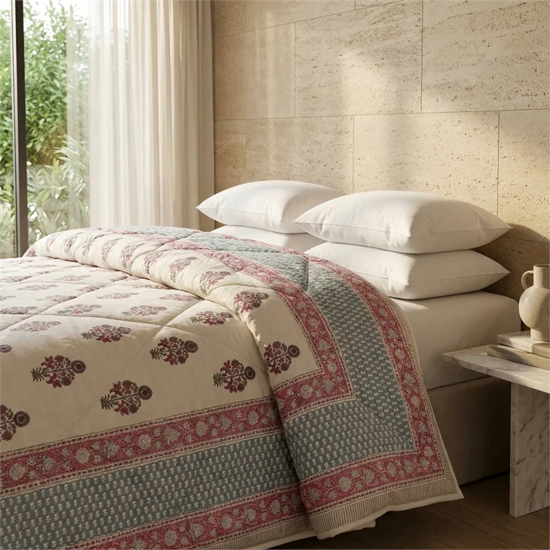 Cream & Charcoal Grey Taupe Jaipur Indian Hand Block Print Quilted Comforter