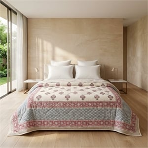 Cream & Charcoal Grey Taupe Jaipur Indian Hand Block Print Quilted Comforter