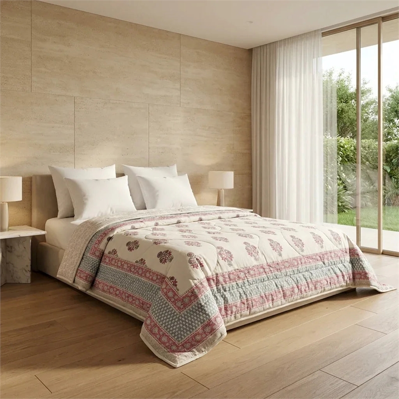 Cream & Charcoal Grey Taupe Jaipur Indian Hand Block Print Quilted Comforter