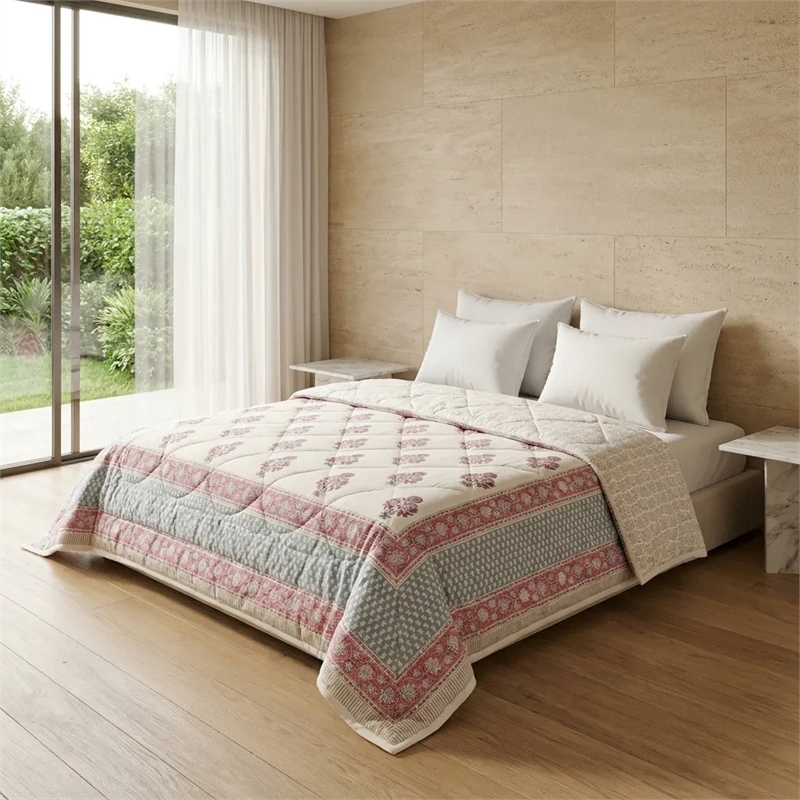 Cream & Charcoal Grey Taupe Jaipur Indian Hand Block Print Quilted Comforter