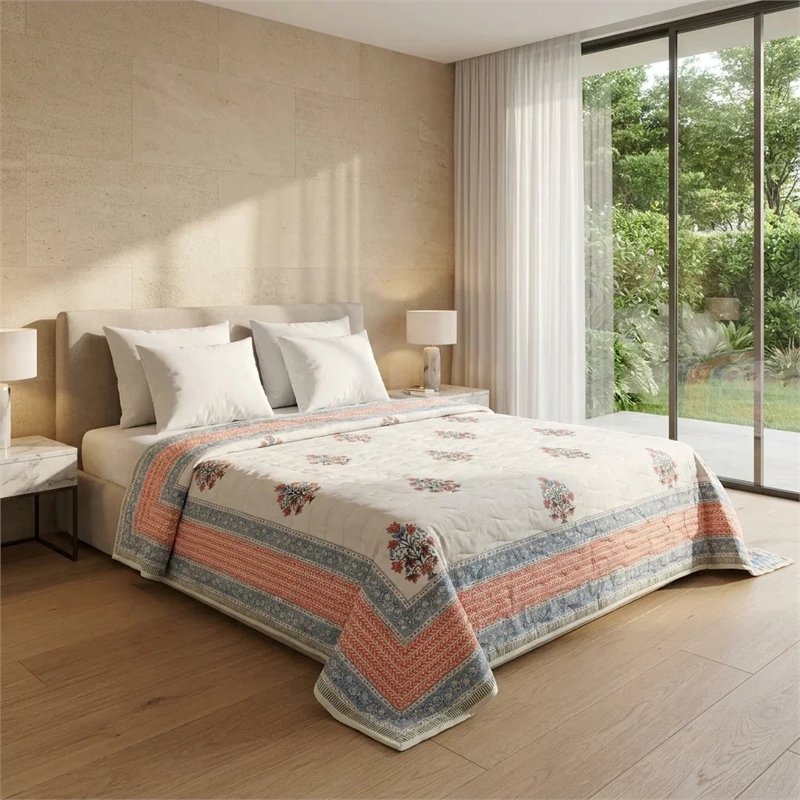 Cream & Dusty Blue Mauve Floral Jaipur Indian Hand Block Print Quilted Comforter