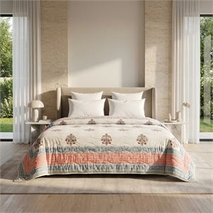 Cream & Dusty Blue Mauve Floral Jaipur Indian Hand Block Print Quilted Comforter
