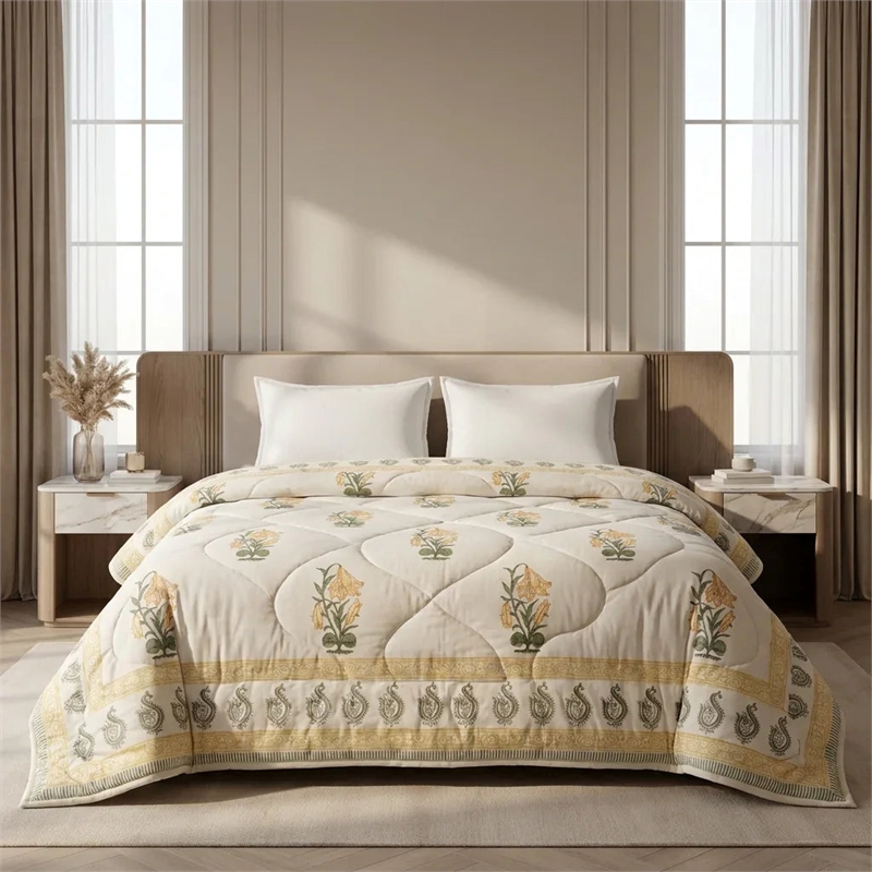 Cream & Golden Olive Floral Jaipur Indian Hand Block Print Quilted Comforter