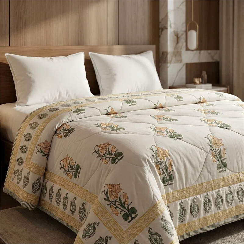 Cream & Golden Olive Floral Jaipur Indian Hand Block Print Quilted Comforter
