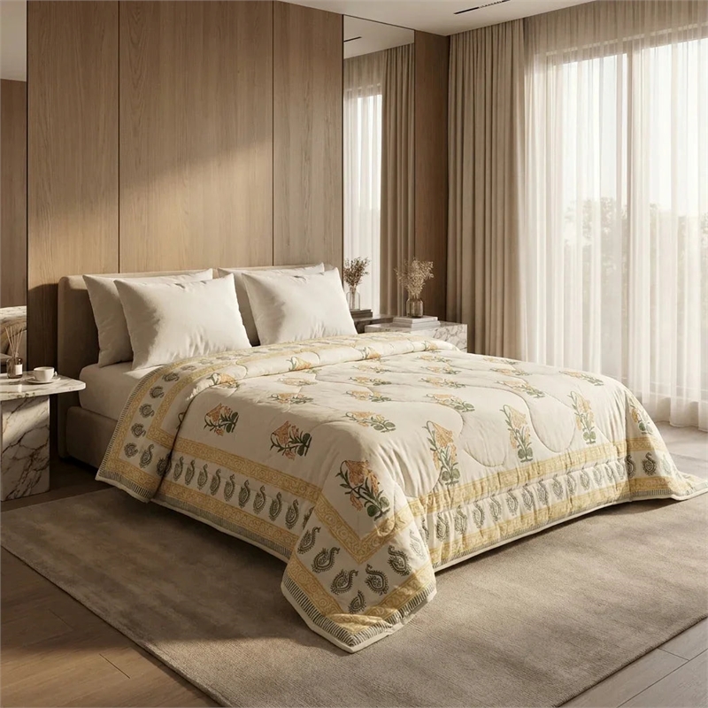 Cream & Golden Olive Floral Jaipur Indian Hand Block Print Quilted Comforter