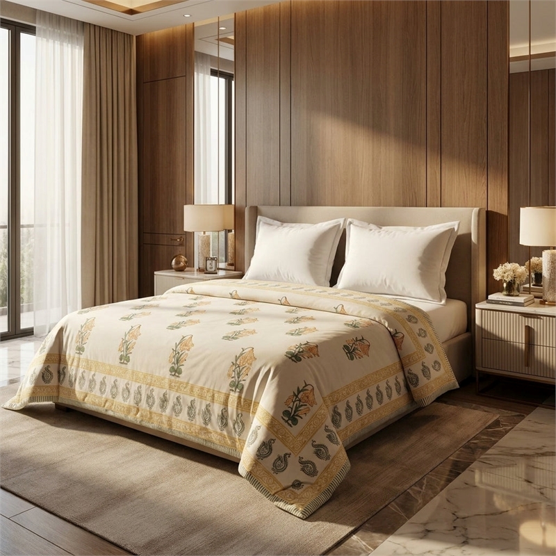 Cream & Golden Olive Floral Jaipur Indian Hand Block Print Quilted Comforter