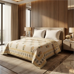 Cream & Golden Olive Floral Jaipur Indian Hand Block Print Quilted Comforter