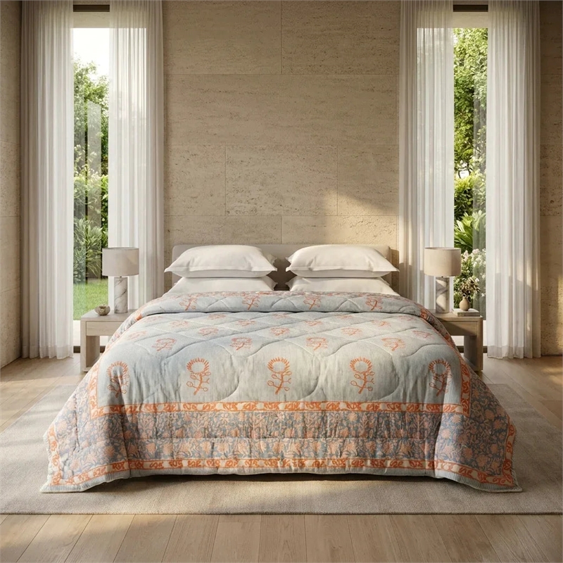 Cream & Golden Olive Floral Jaipur Indian Hand Block Print Quilted Comforter