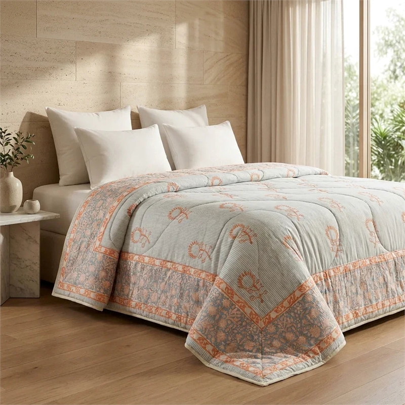 Cream & Golden Olive Floral Jaipur Indian Hand Block Print Quilted Comforter