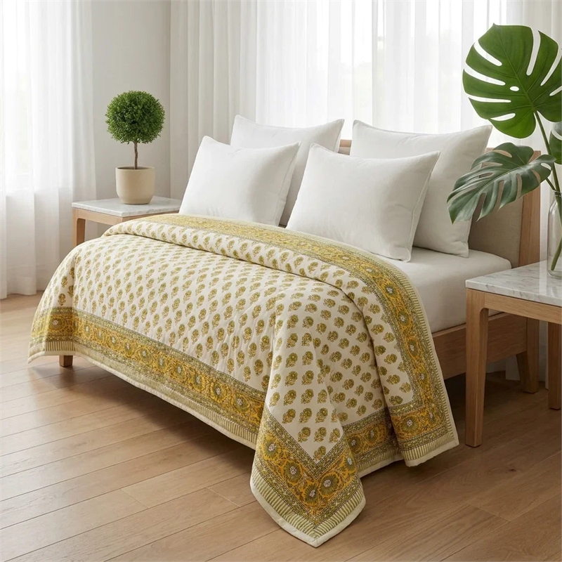 Cream & Mustard Olive Floral Jaipur Indian Hand Block Print Quilted Comforter