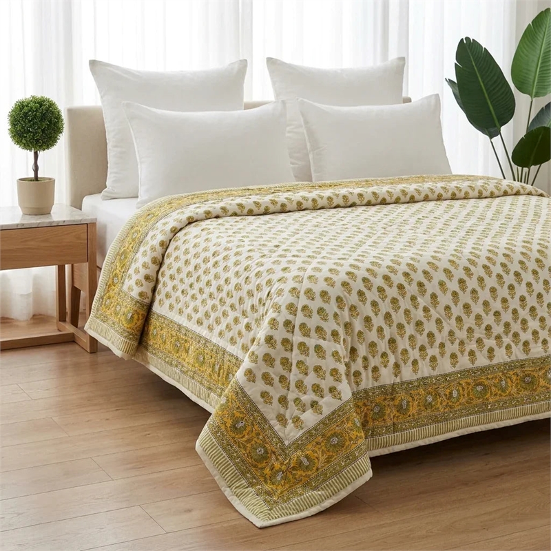 Cream & Mustard Olive Floral Jaipur Indian Hand Block Print Quilted Comforter
