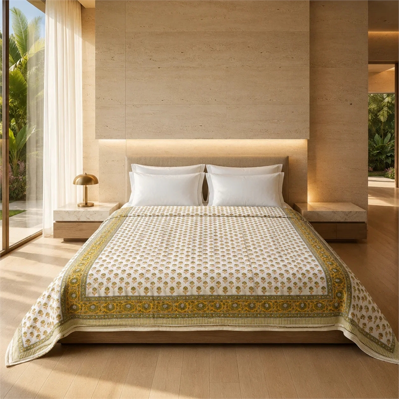 Cream & Mustard Olive Floral Jaipur Indian Hand Block Print Quilted Comforter