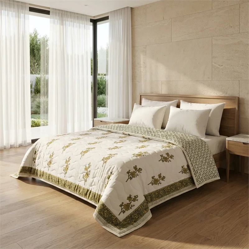 Cream & Mustard Olive Floral Jaipur Indian Hand Block Print Quilted Comforter