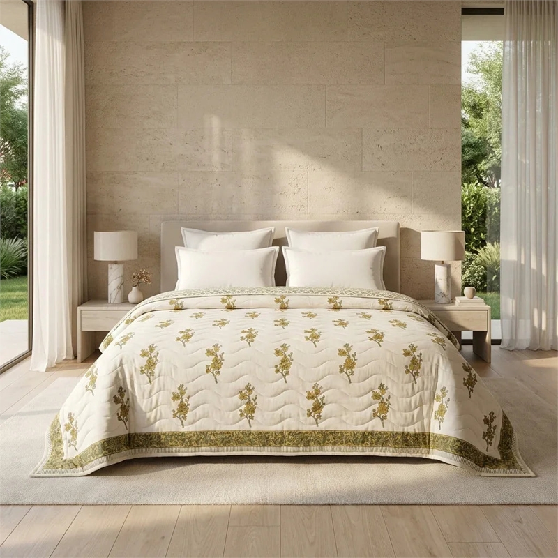 Cream & Mustard Olive Floral Jaipur Indian Hand Block Print Quilted Comforter