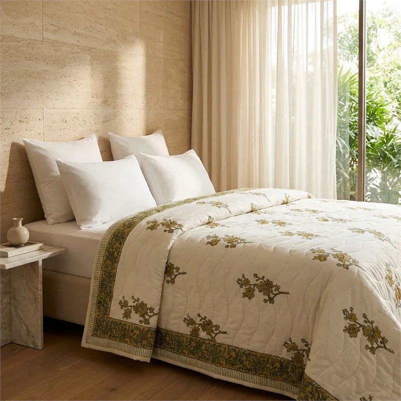 Cream & Mustard Olive Floral Jaipur Indian Hand Block Print Quilted Comforter
