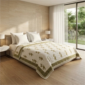 Cream & Mustard Olive Floral Jaipur Indian Hand Block Print Quilted Comforter